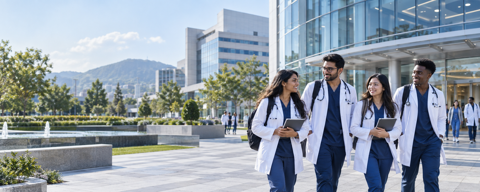 Medical students at a modern college campus