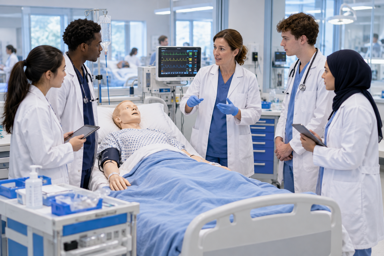 Illustrative medical students learning in a clinical simulation laboratory